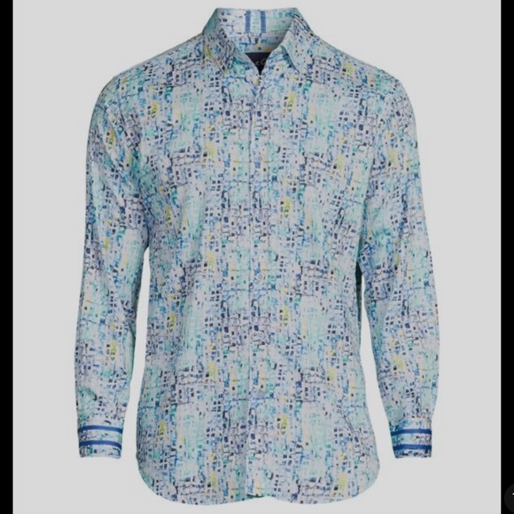 Robert Graham Men’s Belmont Tailored Fit Shirt L NWT | Abstract Aqua Print - Picture 2 of 14